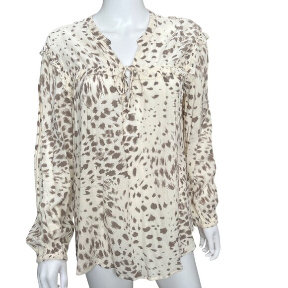 Rails Lydia Puma Animal Print Blouse Ruffle Details Tie Neckline Cream & Brown L - Picture 1 of 10
